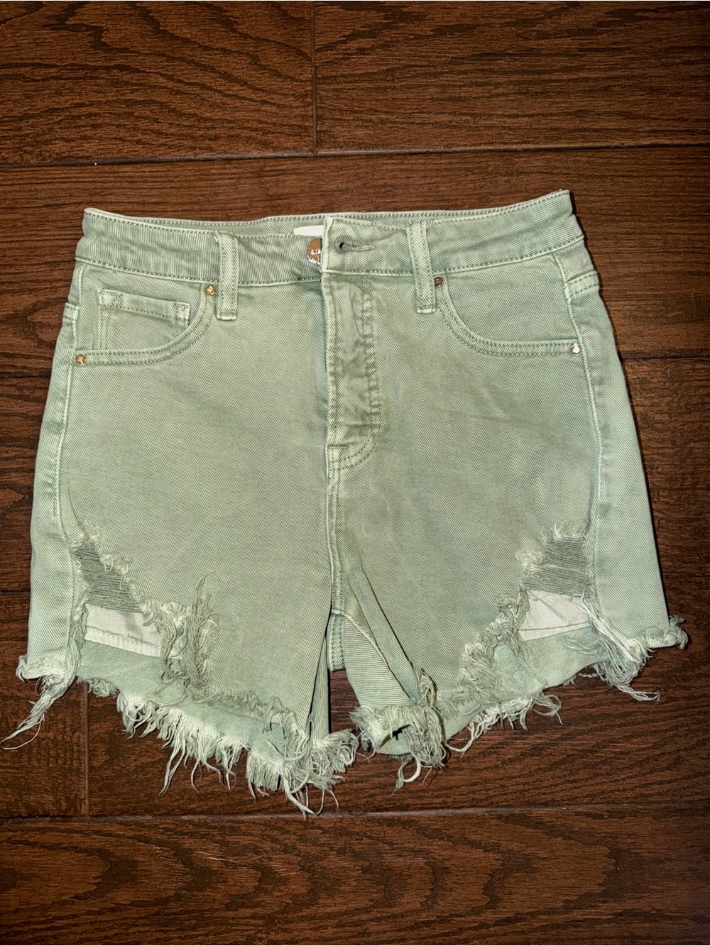 High-Rise Sage Green Distressed Denim Shorts